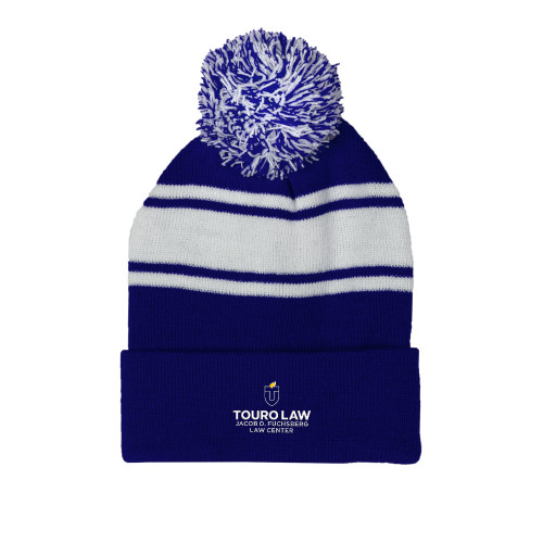 Royal/White Two Tone Knit Pom Beanie w/Cuff - Touro University Touro Law Center