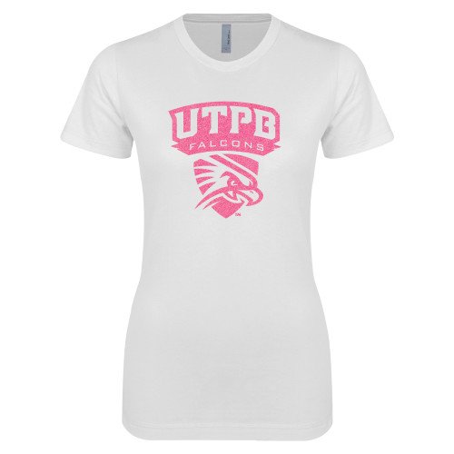  Next Level Womens White Boyfriend Tee - Official Logo Neon Pink Soft Glitter