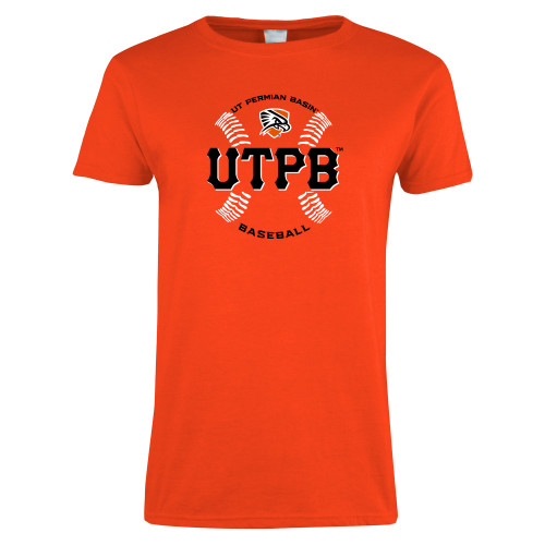  Womens Orange Short Sleeve Tee - UTPB Baseball w/ Seams
