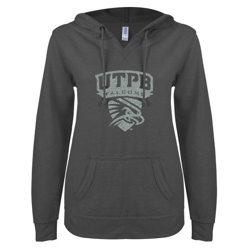  ENZA Womens Dark Heather V Notch Raw Edge Fleece Hoodie - Official Logo Silver Soft Glitter