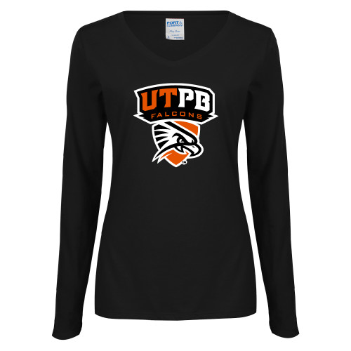  Womens Black Long Sleeve V Neck Tee  - Official Logo