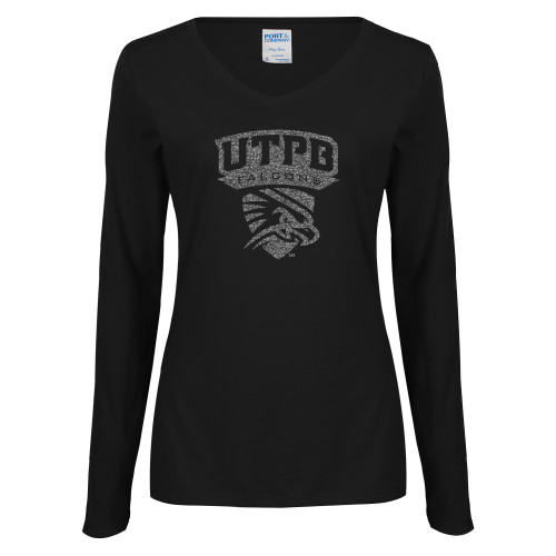  Womens Black Long Sleeve V Neck Tee  - Official Logo Graphite Glitter