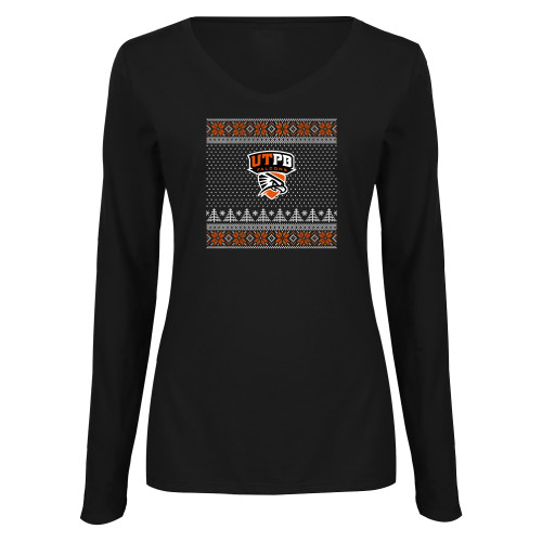  Womens Black Long Sleeve V Neck Tee  - UTEP - Ugly Christmas Sweater w Primary Mark