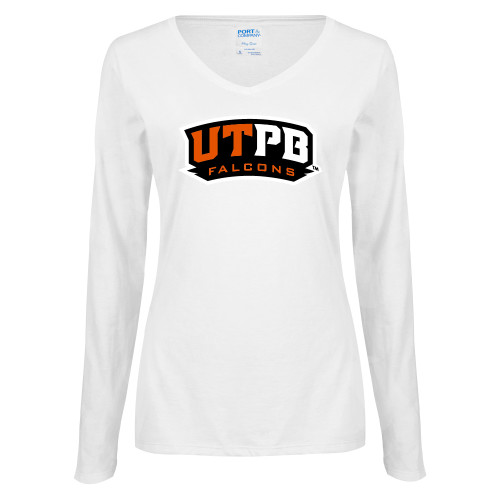  Womens White Long Sleeve V Neck Tee - UTPB Falcons