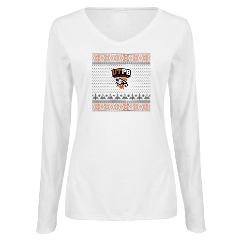  Womens White Long Sleeve V Neck Tee  - UTPB - Ugly Christmas Sweater w Primary Mark