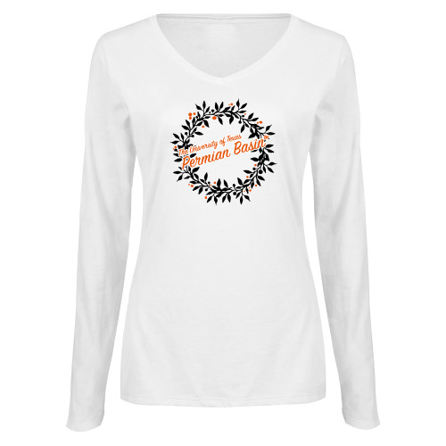  Womens White Long Sleeve V Neck Tee  - UTPB - Christmas Wreath