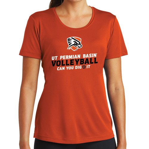  Womens Orange Performance Tee - Volleyball Can You Dig It