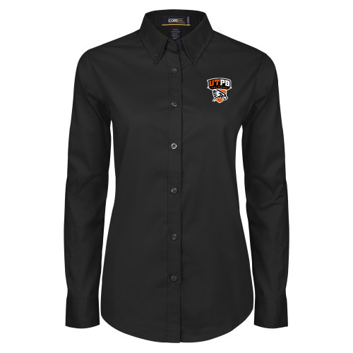  Womens Black Twill Button Down Long Sleeve  - Official Logo