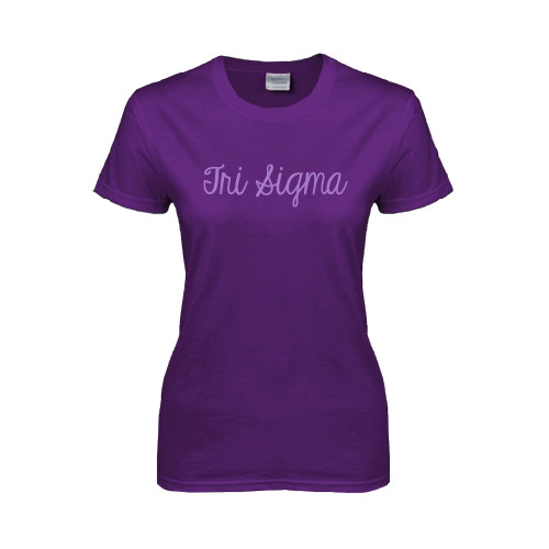 Womens Purple Short Sleeve Tee-Curly Script Tri Sigma