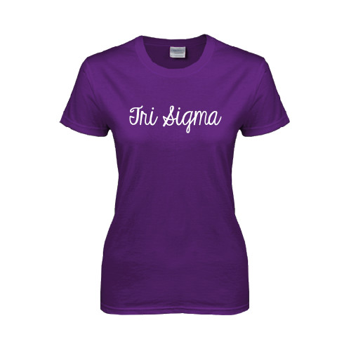 Womens Purple Short Sleeve Tee-Curly Script Tri Sigma