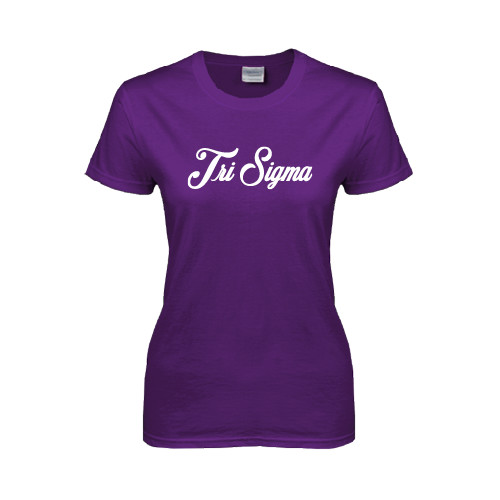 Womens Purple Short Sleeve Tee-Fancy Script Tri Sigma