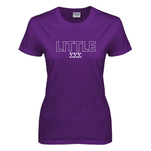 Womens Purple Short Sleeve Tee-Block Letters w/ Pattern Little