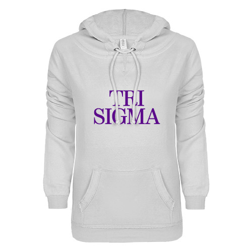 ENZA Womens White V Notch Raw Edge Fleece Hoodie-Tri Sigma Stacked - Official