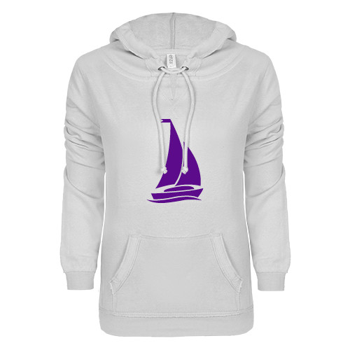 ENZA Womens White V Notch Raw Edge Fleece Hoodie-Sailboat