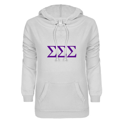 ENZA Womens White V Notch Raw Edge Fleece Hoodie-Greek Letters - One Color