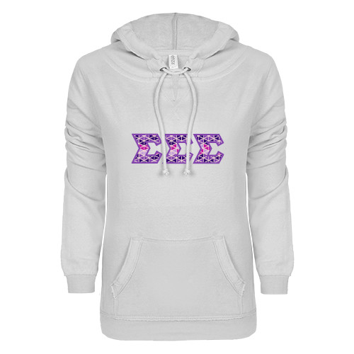 ENZA Womens White V Notch Raw Edge Fleece Hoodie-Greek Style Letters - Tri Sigma Pattern