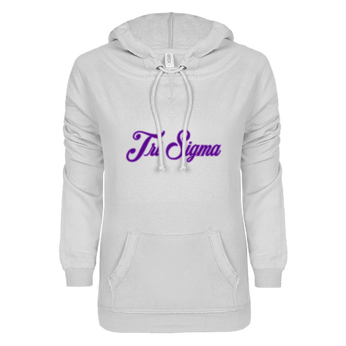 ENZA Womens White V Notch Raw Edge Fleece Hoodie-Fancy Script Tri Sigma