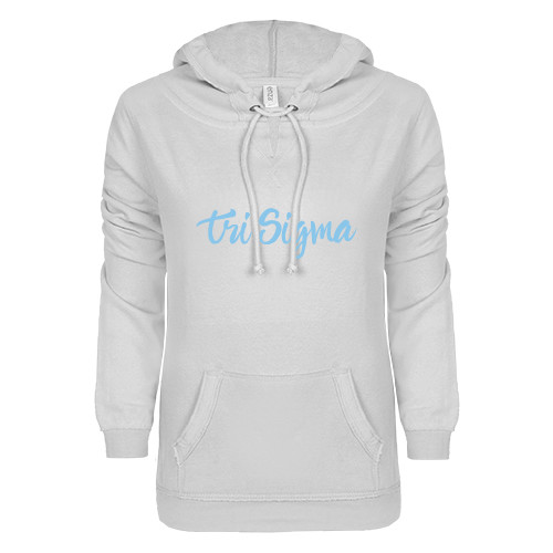 ENZA Womens White V Notch Raw Edge Fleece Hoodie-Ink Script Tri Sigma