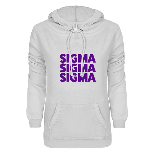 ENZA Womens White V Notch Raw Edge Fleece Hoodie-Stacked Sigma Sigma Sigma