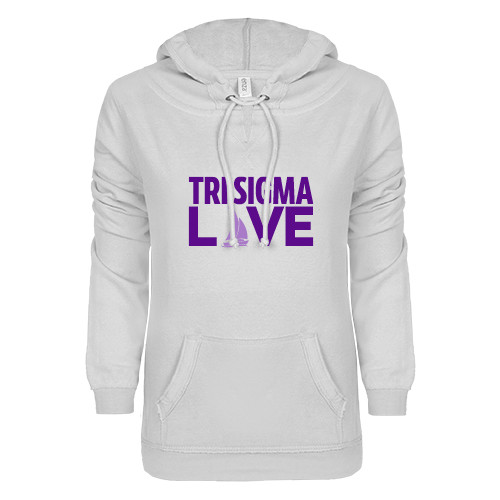 ENZA Womens White V Notch Raw Edge Fleece Hoodie-Tri Sigma Love
