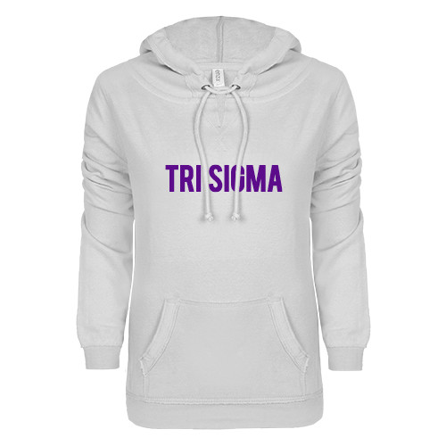 ENZA Womens White V Notch Raw Edge Fleece Hoodie-Tri Sigma Flat