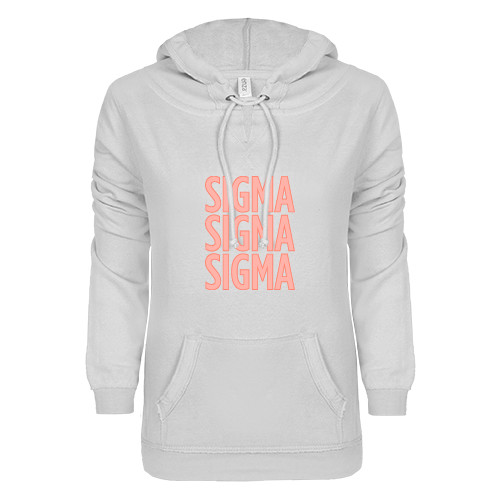 ENZA Womens White V Notch Raw Edge Fleece Hoodie-Sigma Sigma Sigma Stacked