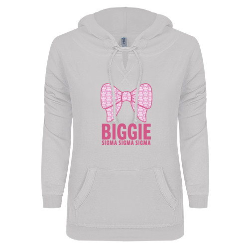 ENZA Womens White V Notch Raw Edge Fleece Hoodie-Biggie Bow