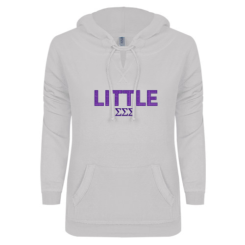 ENZA Womens White V Notch Raw Edge Fleece Hoodie-Block Letters w/ Pattern Little