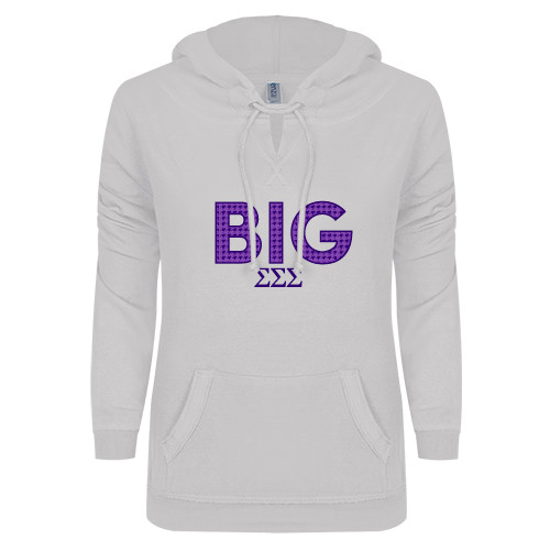 ENZA Womens White V Notch Raw Edge Fleece Hoodie-Block Letters w/ Pattern Big