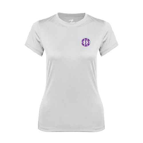 Womens White Performance Tee-Monogram in Circle