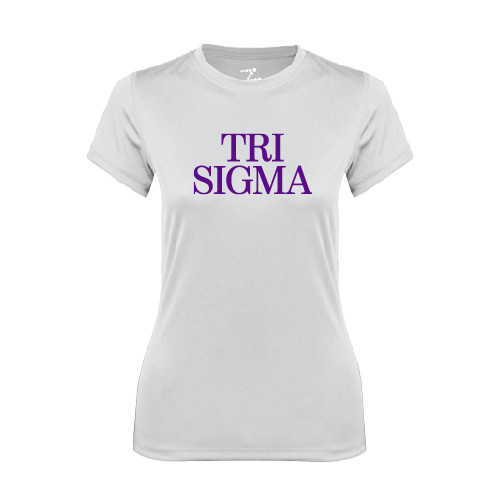 Womens White Performance Tee-Tri Sigma Stacked - Official
