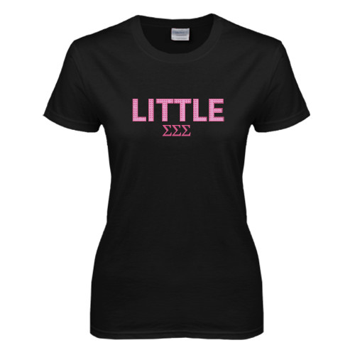 Womens Black Short Sleeve Tee-Block Letters w/ Pattern Little