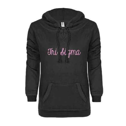 ENZA Womens Black V Notch Raw Edge Fleece Hoodie-Curly Script Tri Sigma
