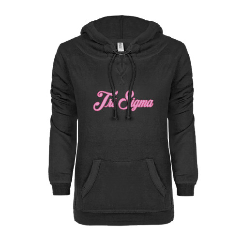 ENZA Womens Black V Notch Raw Edge Fleece Hoodie-Fancy Script Tri Sigma