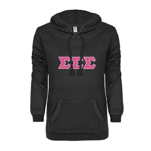 ENZA Womens Black V Notch Raw Edge Fleece Hoodie-Greek Style Letters