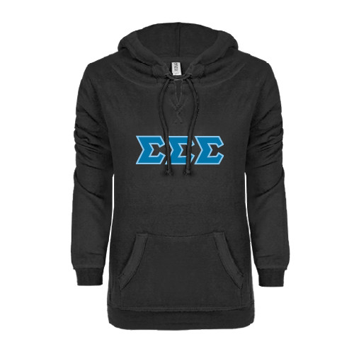ENZA Womens Black V Notch Raw Edge Fleece Hoodie-Greek Style Letters