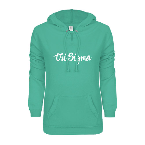 ENZA Womens Seaglass V Notch Raw Edge Fleece Hoodie-Ink Script Tri Sigma