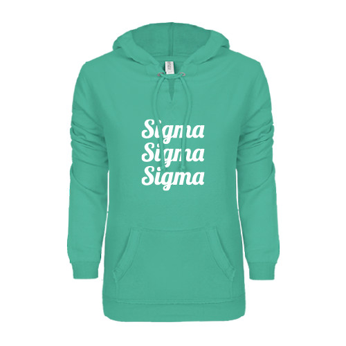 ENZA Womens Seaglass V Notch Raw Edge Fleece Hoodie-Scripted Sigma Sigma Sigma Stacked