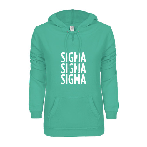 ENZA Womens Seaglass V Notch Raw Edge Fleece Hoodie-Sigma Sigma Sigma Stacked