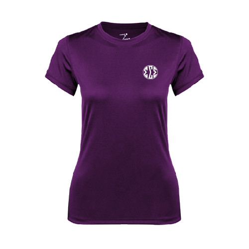 Womens Purple Performance Tee-Monogram in Circle