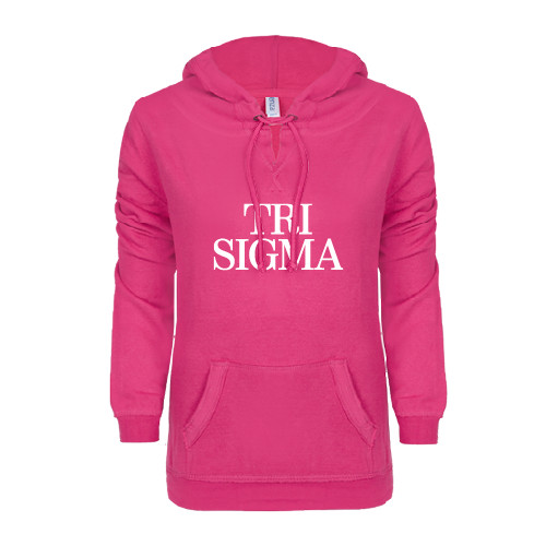 ENZA Womens Hot Pink V Notch Raw Edge Fleece Hoodie-Tri Sigma Stacked - Official