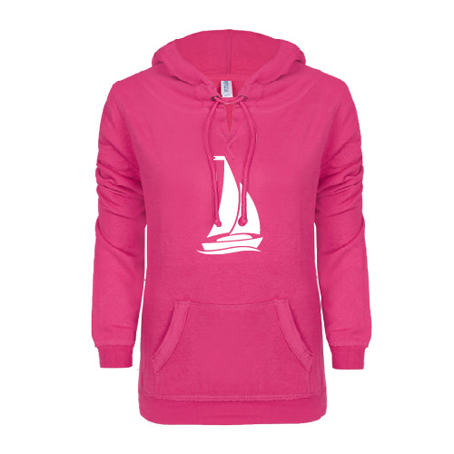 ENZA Womens Hot Pink V Notch Raw Edge Fleece Hoodie-Sailboat