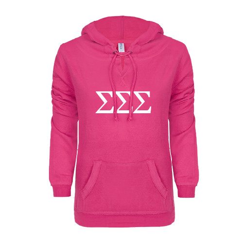 ENZA Womens Hot Pink V Notch Raw Edge Fleece Hoodie-Greek Letters - One Color