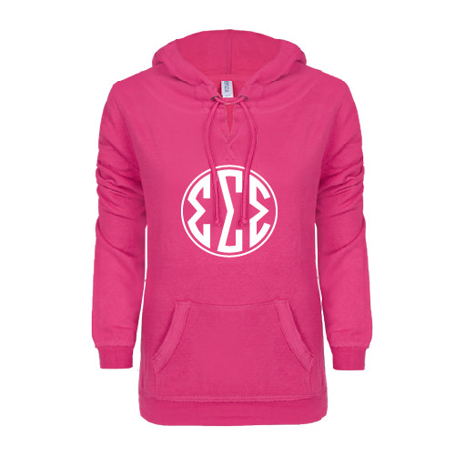 ENZA Womens Hot Pink V Notch Raw Edge Fleece Hoodie-Monogram in Circle