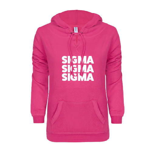 ENZA Womens Hot Pink V Notch Raw Edge Fleece Hoodie-Stacked Sigma Sigma Sigma