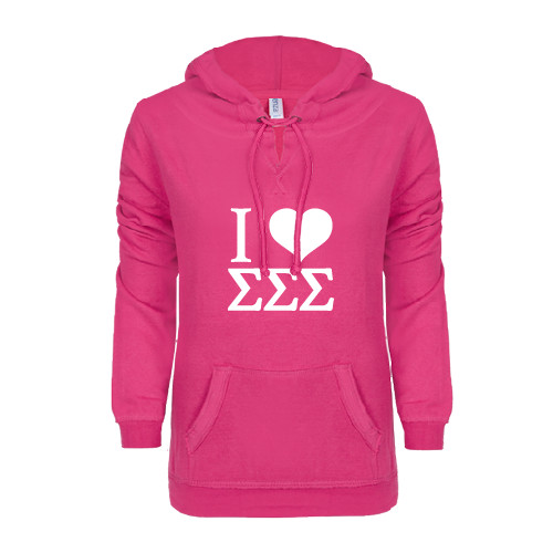 ENZA Womens Hot Pink V Notch Raw Edge Fleece Hoodie-I Heart