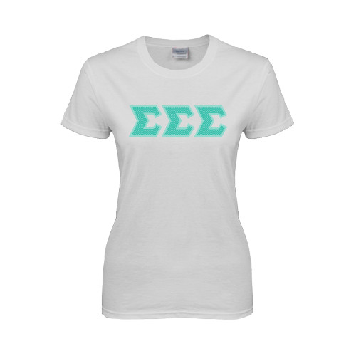 Womens White Short Sleeve Tee-Greek Style Letters - Polka Dot