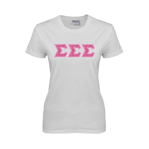 Womens White Short Sleeve Tee-Greek Style Letters - Lace