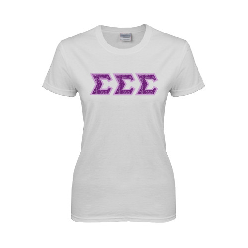 Womens White Short Sleeve Tee-Greek Style Letters - Lace