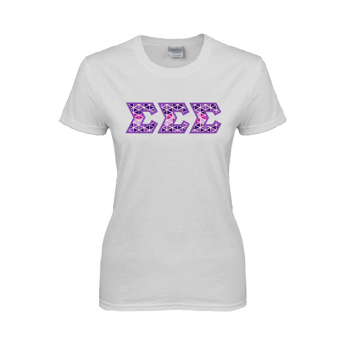 Womens White Short Sleeve Tee-Greek Style Letters - Tri Sigma Pattern